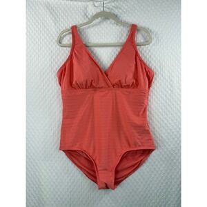 Lands End Womens XL 18 Coral‎ Pink Ribbed Textured V-Neck One Piece Swimsuit